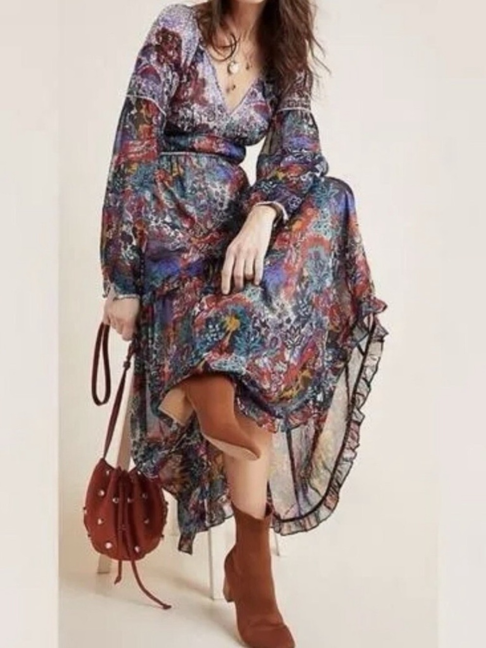 Maeve Anthropologie Annabella Maxi Dress 4 Boho Floral Long Sleeve Viscose Flowy - Picture 7 of 9